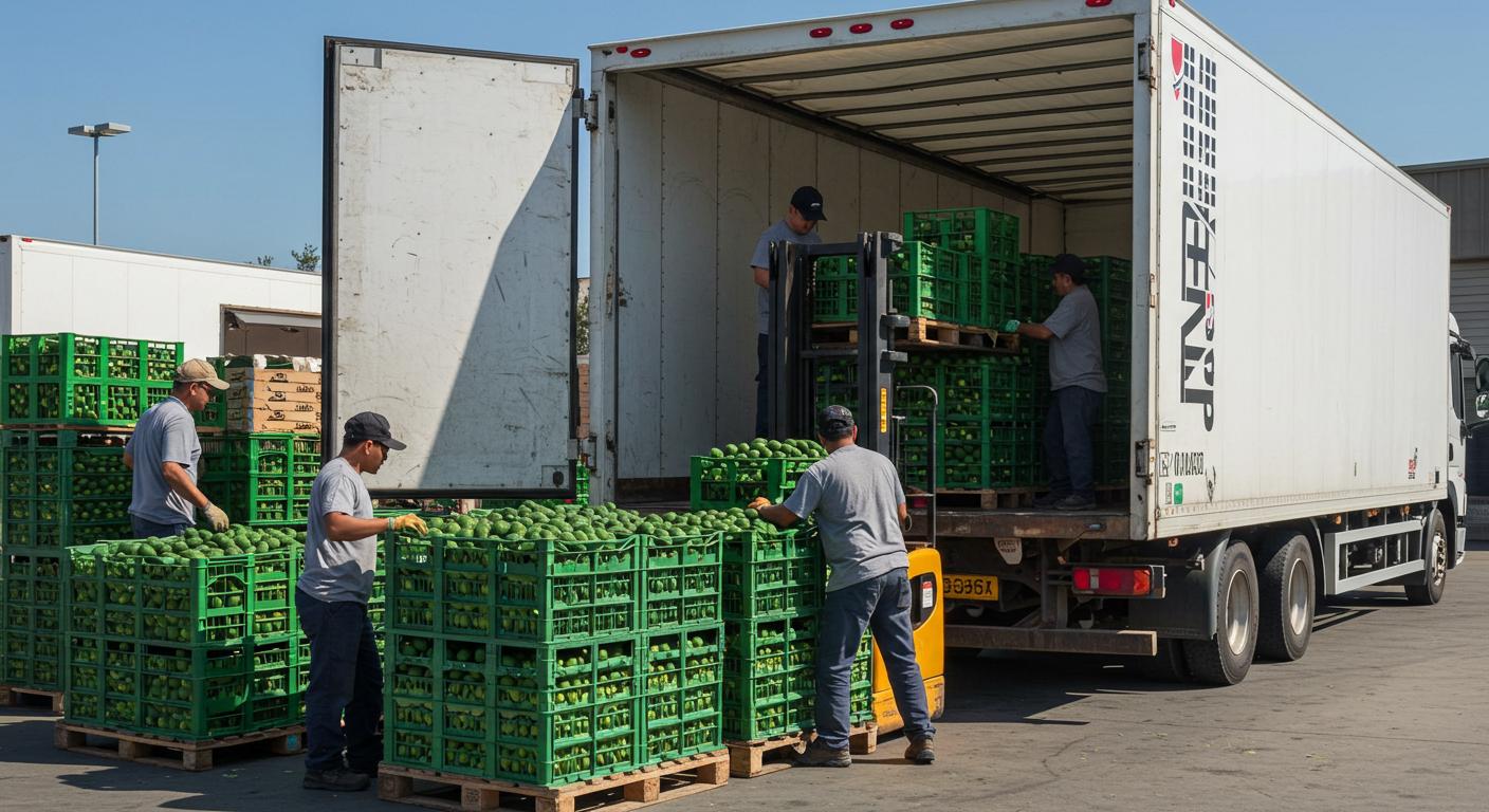 Workers loading crates of fresh produce onto a long-haul truck at a depot